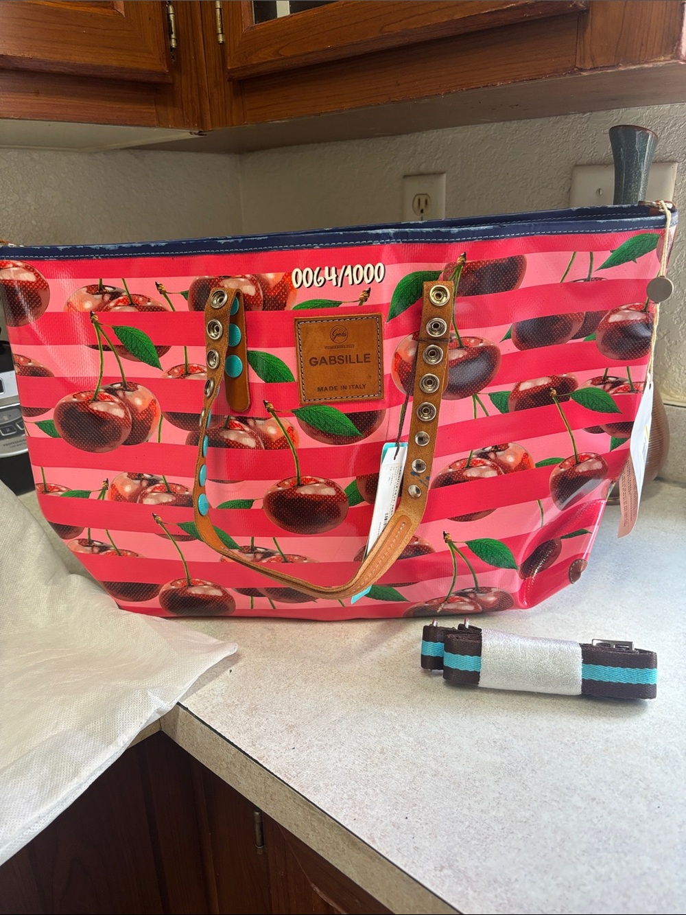 ielle Cherry-Print Pink Tote Bag with Tan Leather Straps
